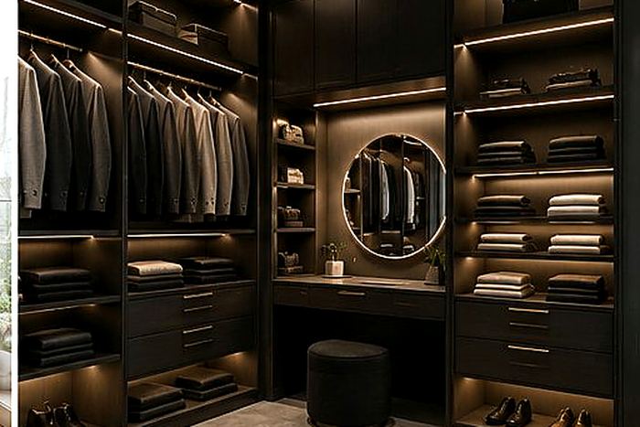 Bespoke open shelving and cabinetry with integrated lighting, vanity and handbag display