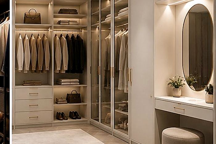 Floor-to-ceiling fitted wardrobes in hand-painted ivory with brass detailing