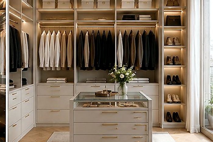 Bespoke island unit and dressing table in a cream luxury dressing room