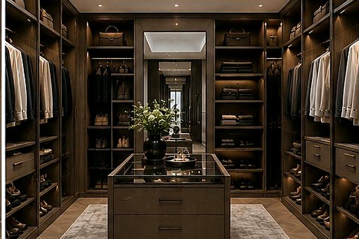 Luxury dressing room with skylight, central island and full-height bespoke joinery