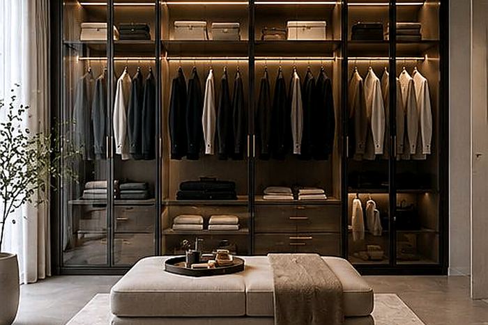 Whisper-quiet sliding door wardrobes with glass-fronted panels and integrated lighting