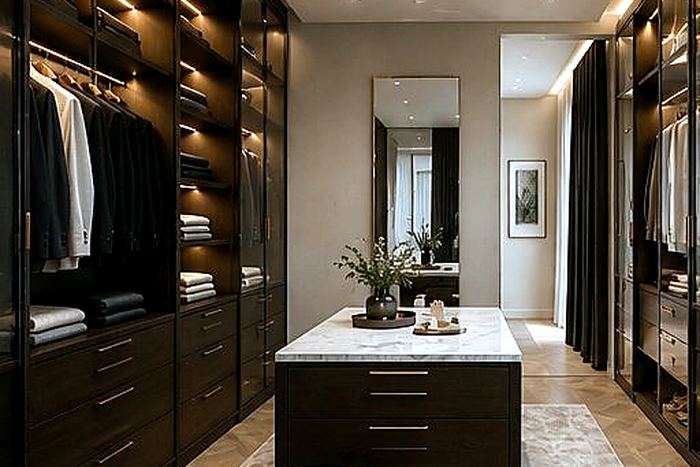 Bespoke walk-in wardrobe with dark walnut cabinetry, brass handles and central jewellery island